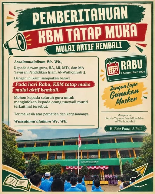 Poster pemberitahuan KBM tatap muka mulai aktif kembali, Rabu 9 September 2026